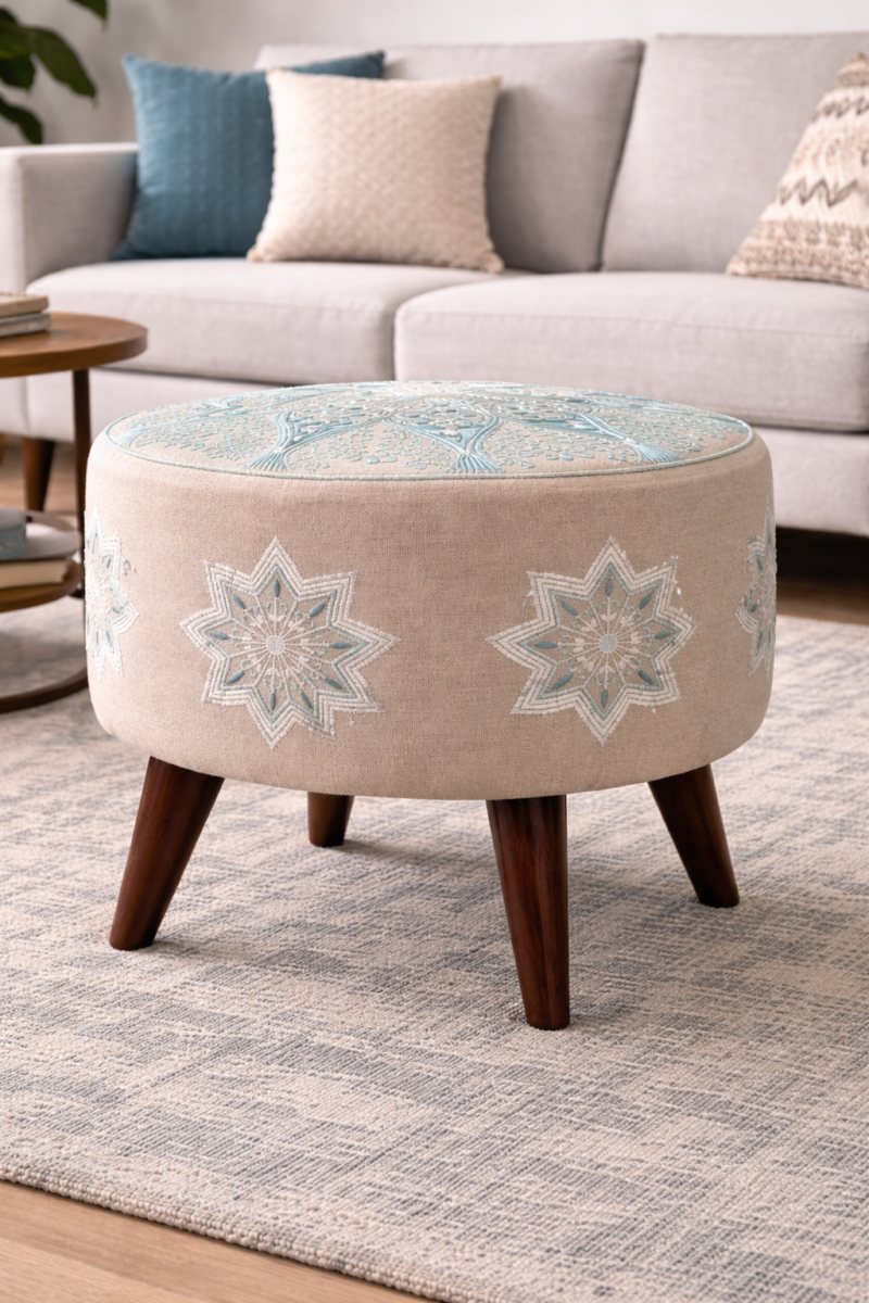 Modern Embroidered Pouffe Stool Cream Blue